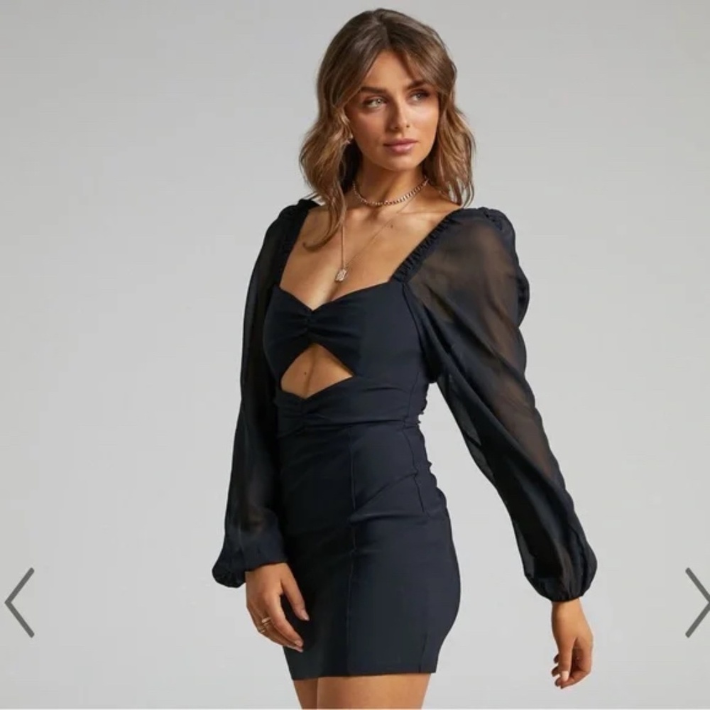 NWT Lillian Mini Dress with Chiffon Sleeves in Black by the brand Showpo.
